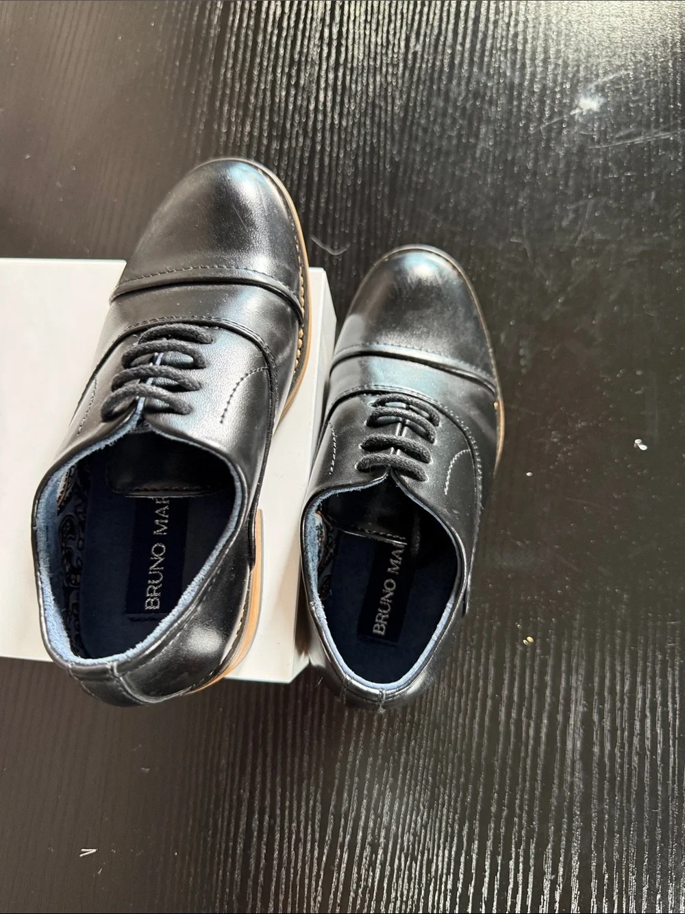 Bruno Marc Boy’s Black Leather Cap-Toe Derby with Tan Welt